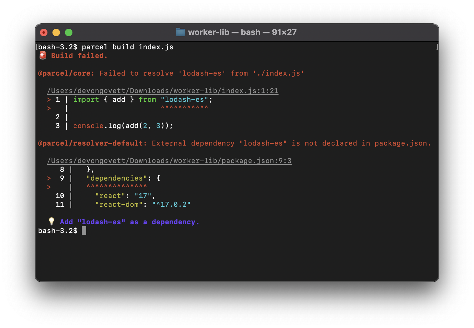Screenshot of an error message showing "External dependency 'lodash-es' is not declared in package.json."